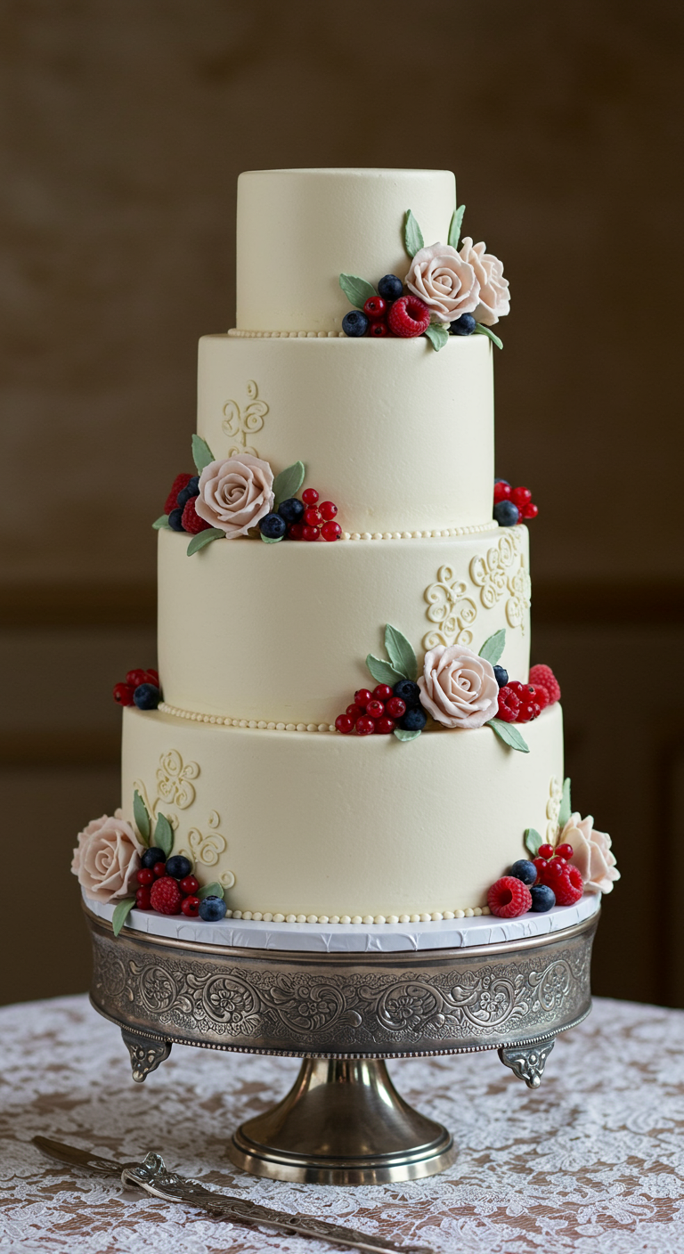 Elegante mehrstöckige Hochzeitstorte mit Rosen und Beeren.