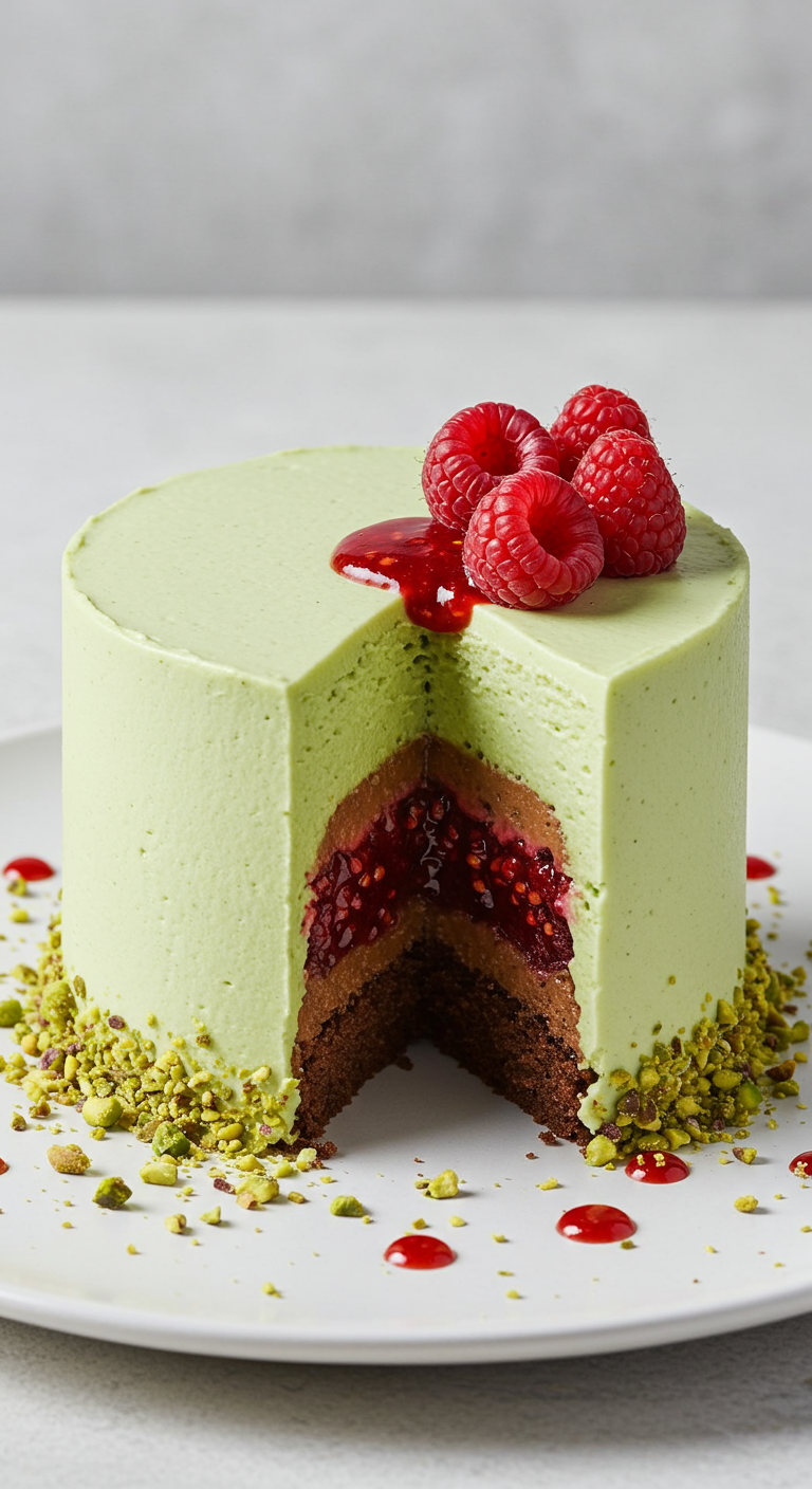 Angeschnittene runde grüne Pistazien-Mousse-Torte mit Himbeer-Schoko-Kern und Pistazienrand.