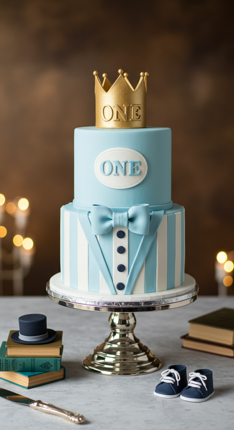 Zweistöckige Torte im Anzug-Look mit Fliege, Knöpfen und goldener Krone als Topper.