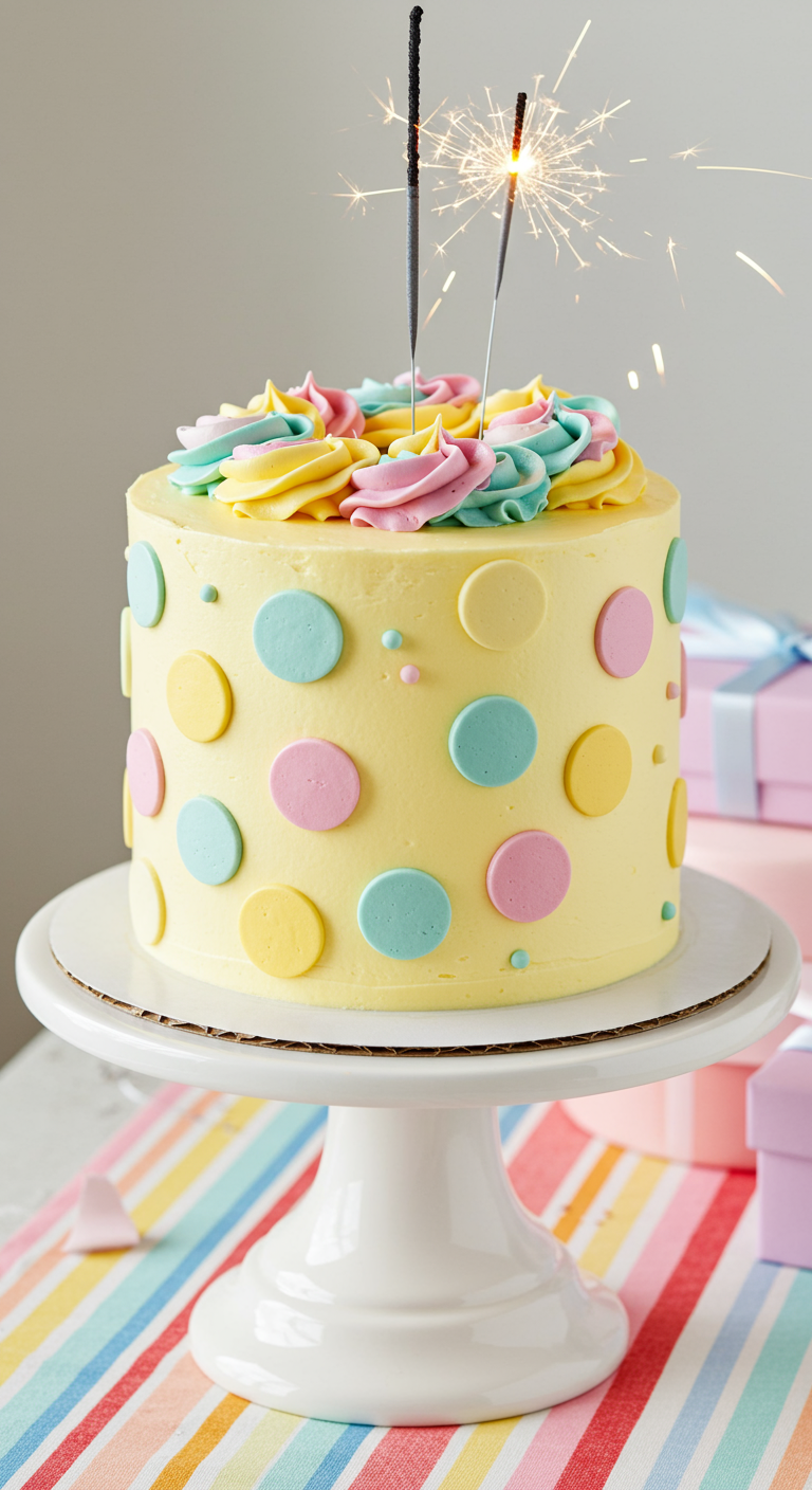 Gelbe Torte mit pastellfarbenen Punkten, bunten Buttercreme-Tuffs und Wunderkerzen.