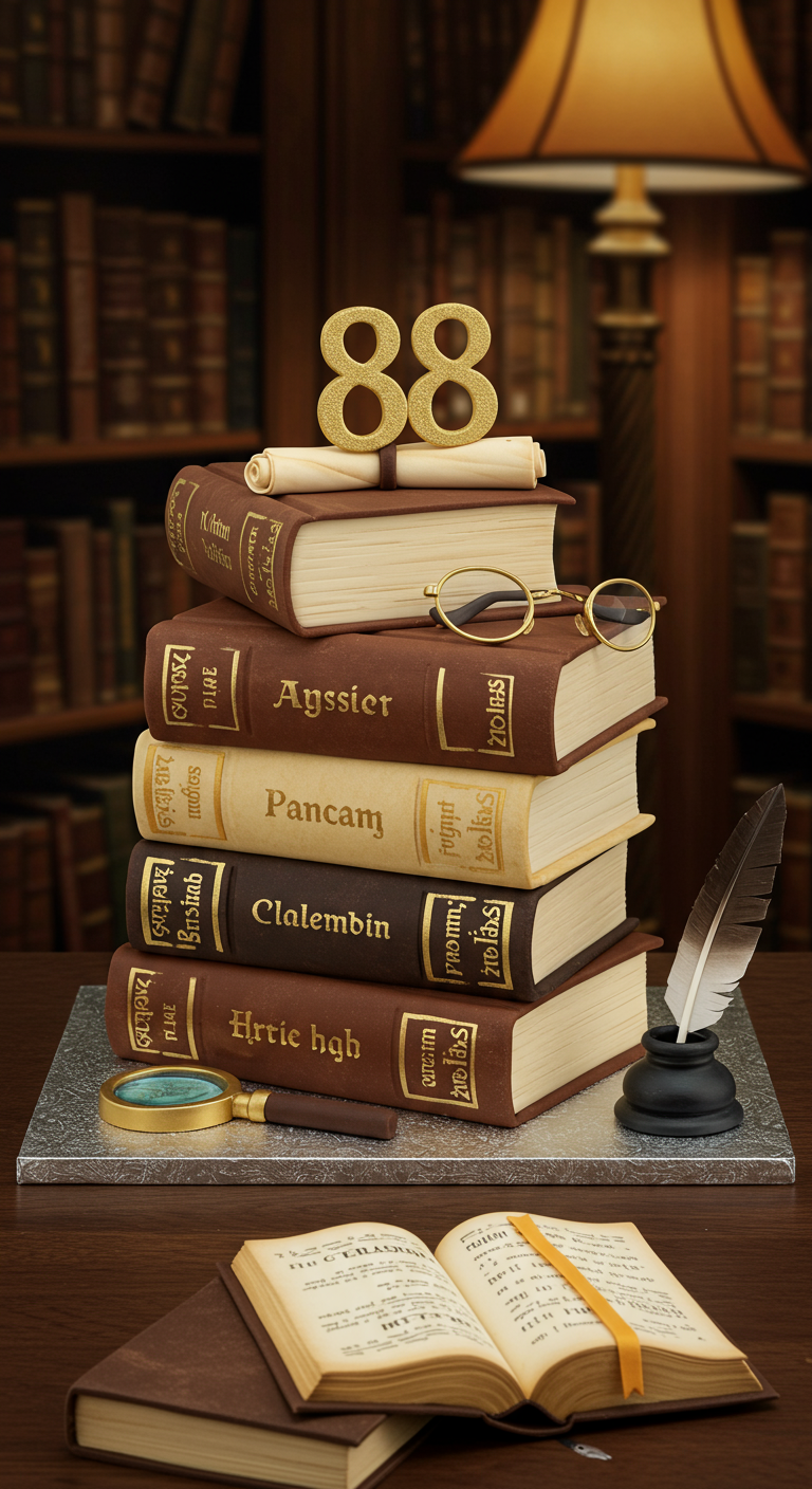 Torte in Form eines Stapels alter Bücher mit Brille und Federkiel.