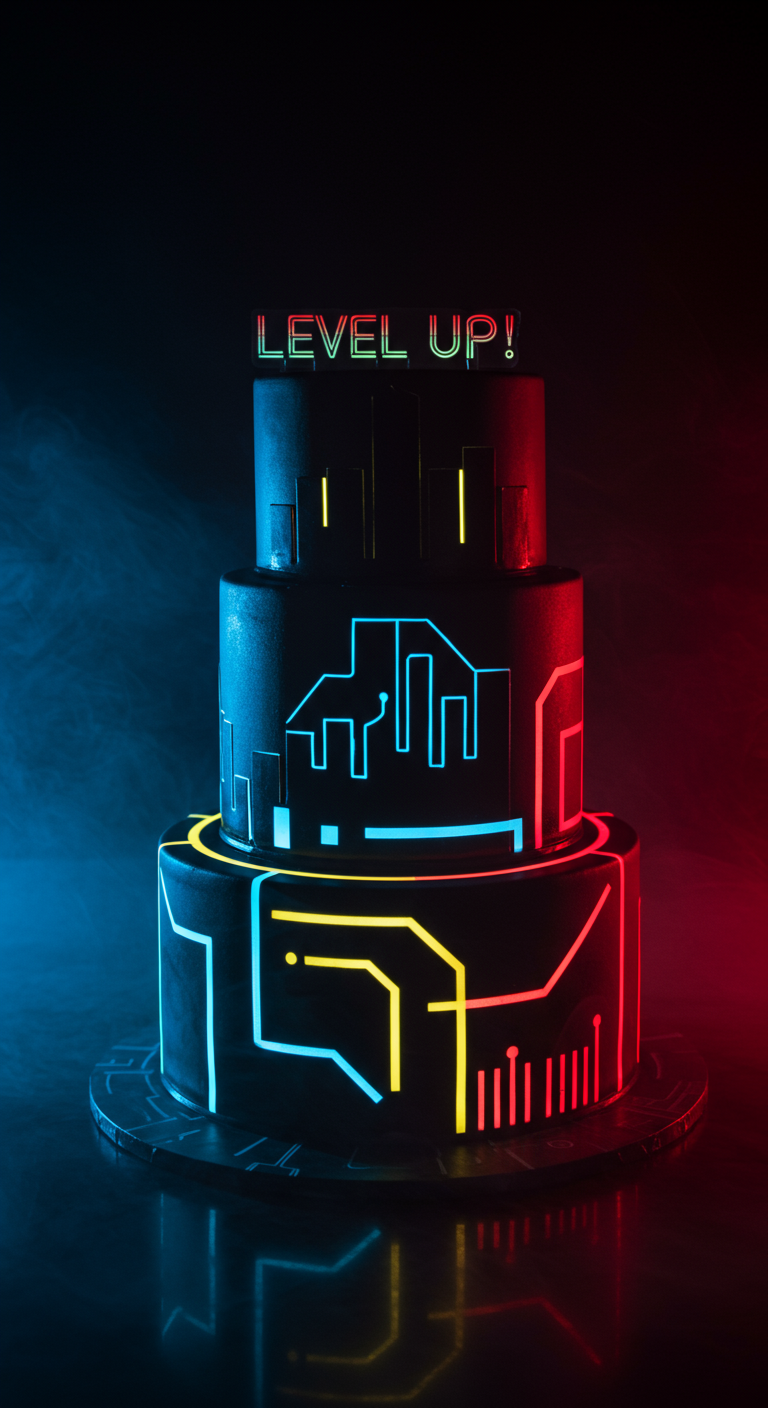 Schwarze, mehrstöckige Torte mit leuchtenden Neon-Linien im Tron-Stil und
