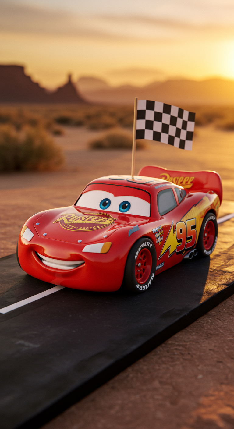 Lightning McQueen aus Cars als 3D-Torte auf einer Straße.