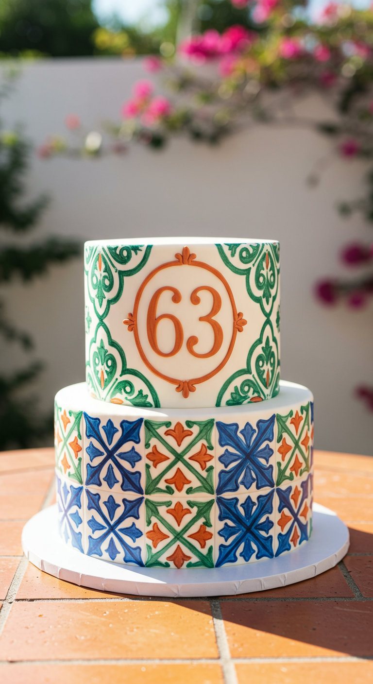Zweistöckige Torte mit bunten mediterranen Kachelmustern in Blau, Grün und Orange.
