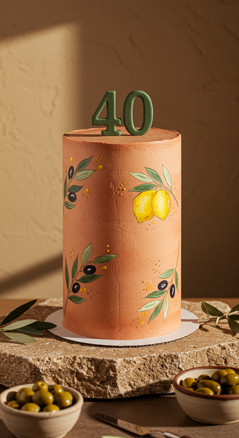 Terrakottafarbene Torte mit gemalten Zitronen, Oliven und Zahl 40.