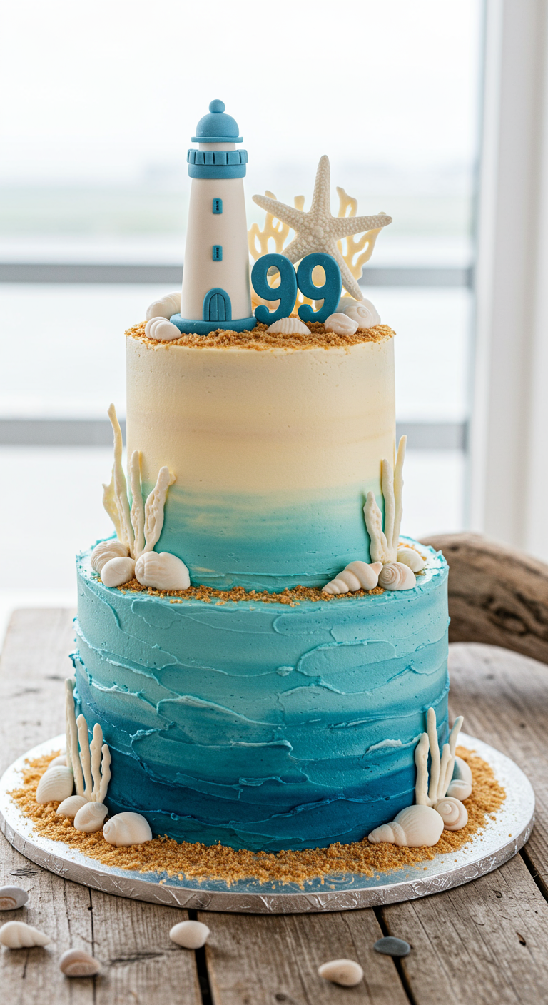 Zweistöckige Torte mit Meeresmotiv, blauem Farbverlauf, Muscheln und Leuchtturm.