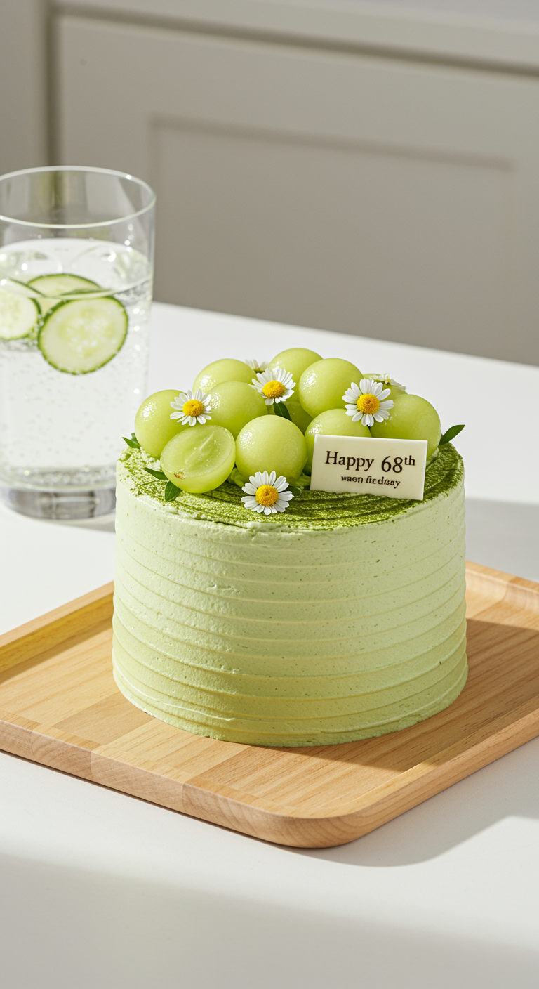 Hellgrüne Torte mit Melonenkugeln, Gänseblümchen und Schild