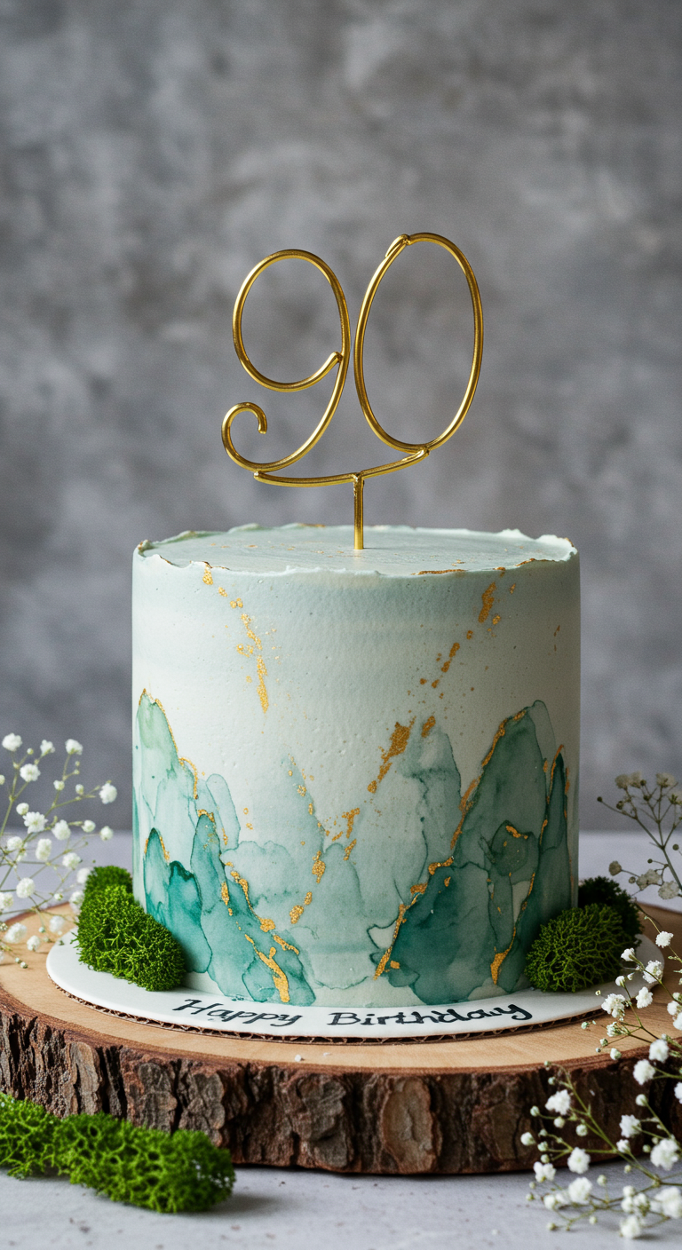 Hohe mintgrüne Torte mit dunklerem Grün am unteren Rand und goldenen Sprenkeln.