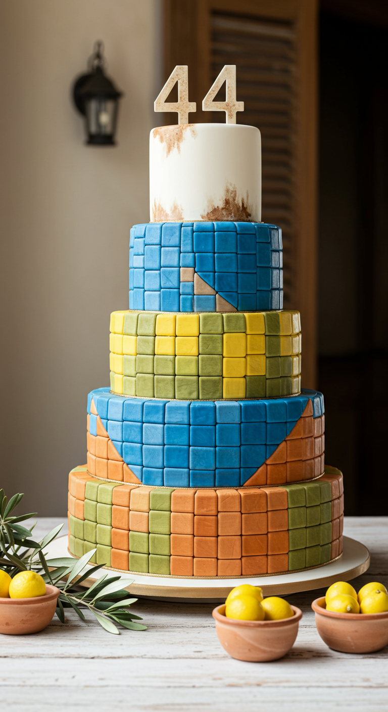 Mehrstöckige Torte mit Mosaikmuster aus bunten Fondantquadraten und einer weißen oberen Etage.