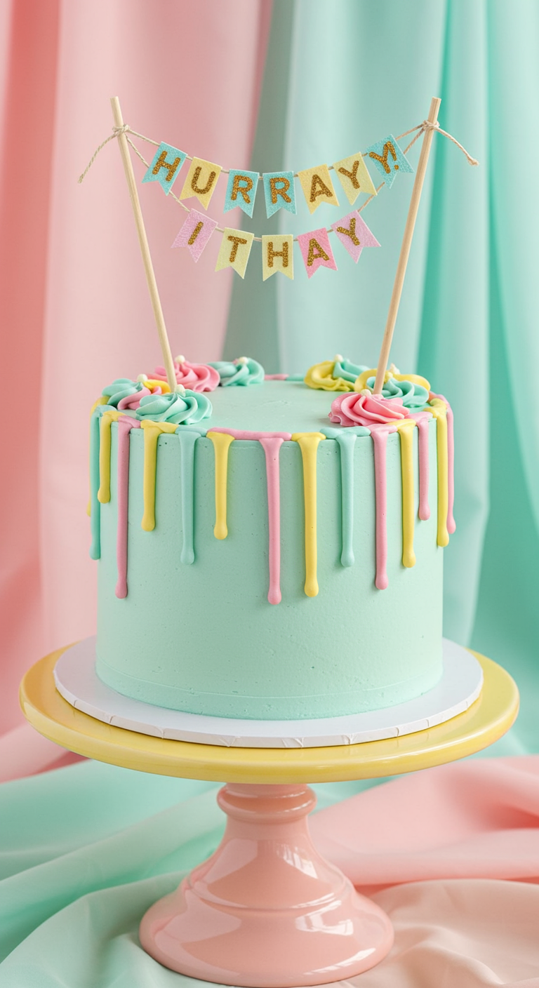 Mintgrüne Buttercreme-Torte mit bunten Drips und zweifarbigen Rosetten.