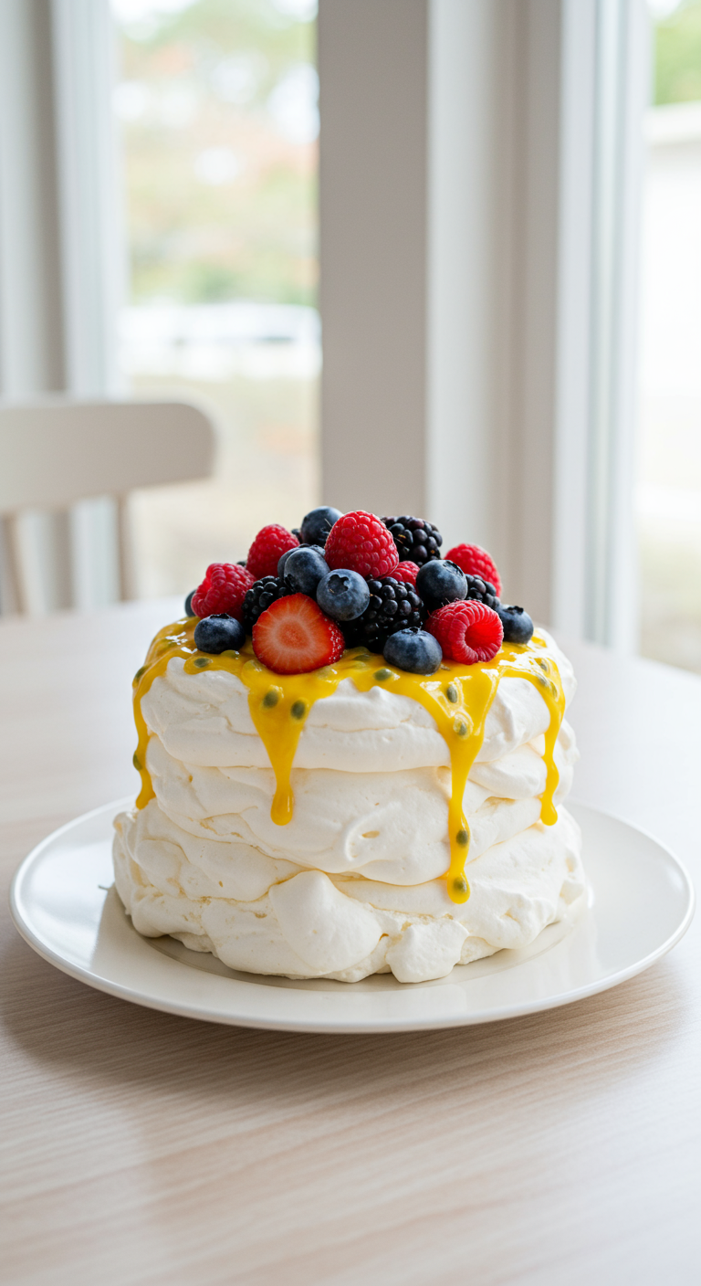 Pavlova-Torte mit Sahne, Beeren und Passionsfrucht-Topping.