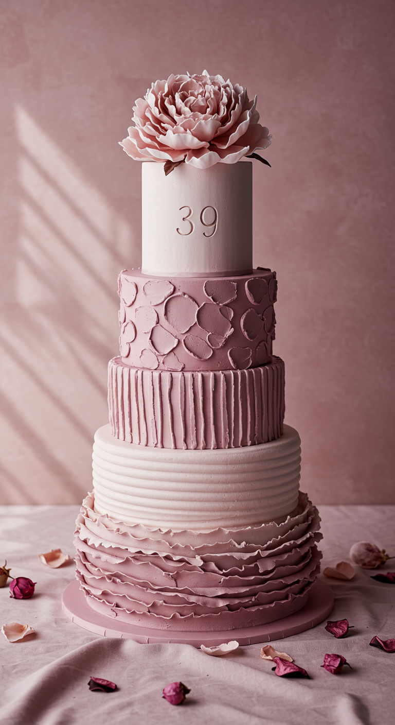 Mehrstöckige rosa Ombre-Torte mit verschiedenen Texturen und Pfingstrose.