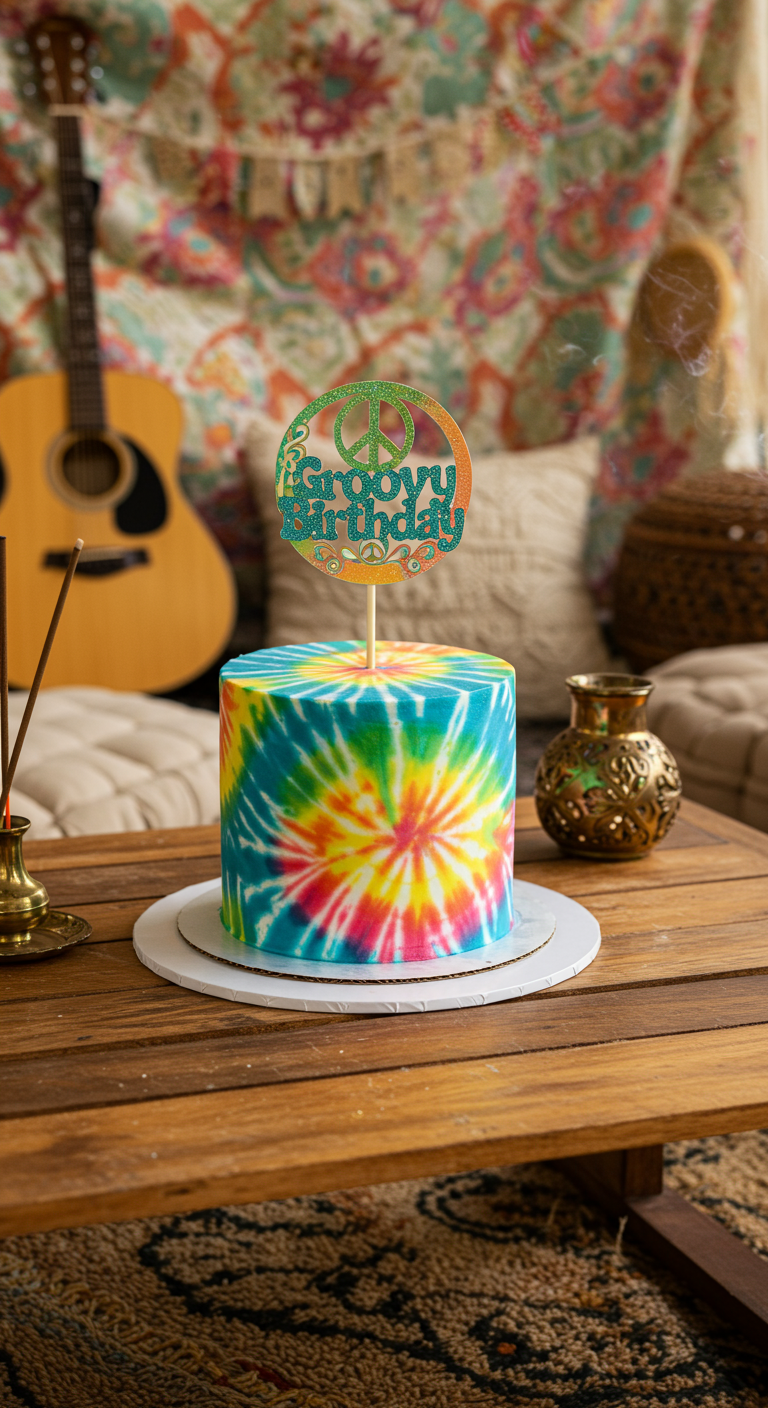Zylindrische Torte mit buntem Batik-Muster und glitzerndem