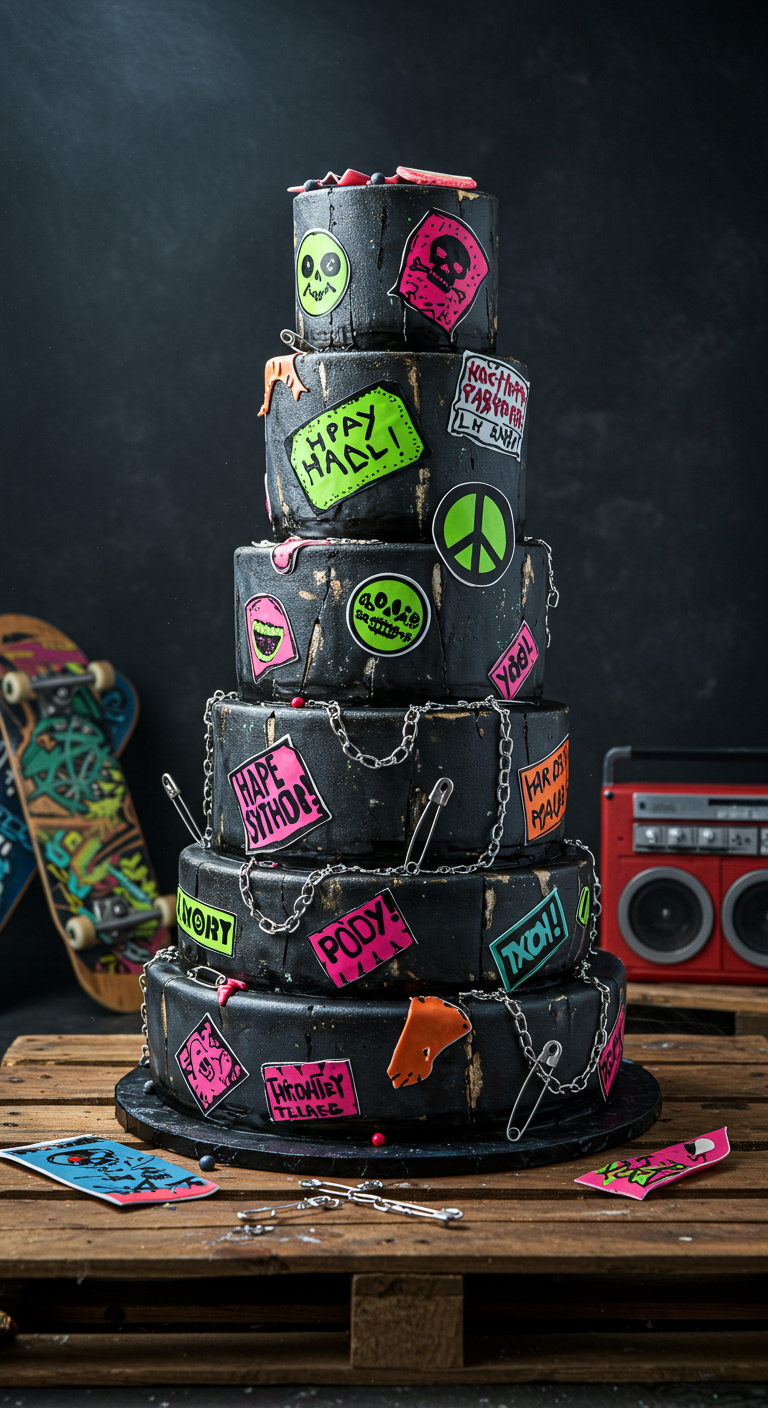 Schwarze mehrstöckige Torte mit bunten Patches, Sicherheitsnadeln und Ketten.