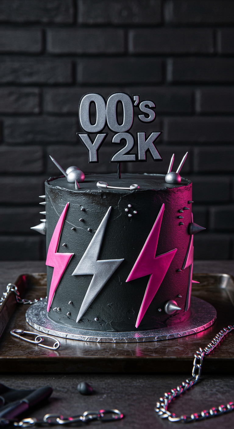 Schwarze Y2K-Torte mit pinken und silbernen Blitzen, Nieten und „00’s Y2K“-Topper.