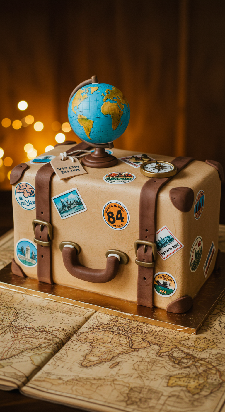 Kuchen in Form eines alten Reisekoffers mit Aufklebern und Globus-Topper.