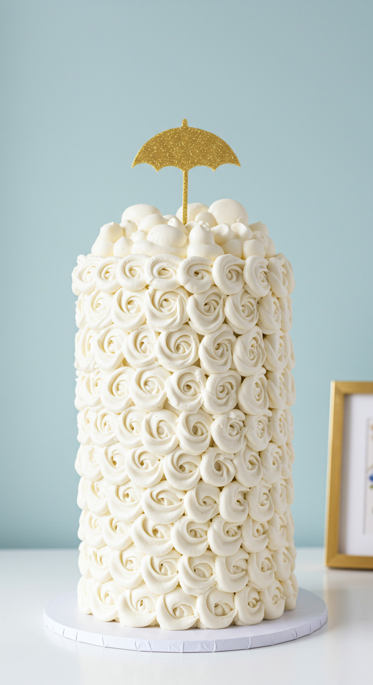 Hohe weiße Torte komplett mit Buttercreme-Rosetten bedeckt, goldener Schirm-Topper.