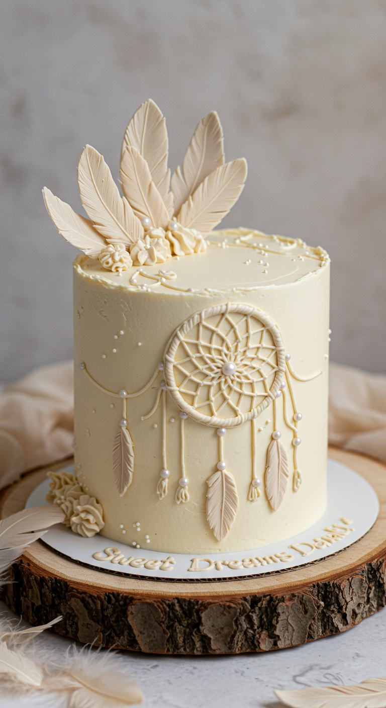 Weiße Torte mit Traumfänger-Dekoration aus Zucker und Federn.