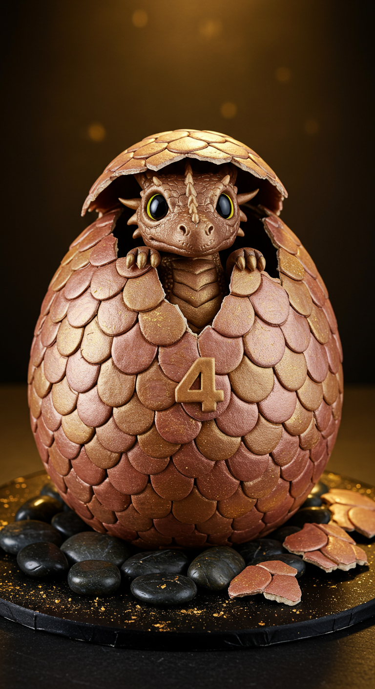 Kupferfarbene Torte in Form eines Dracheneis, aus dem ein kleiner Drache schlüpft.