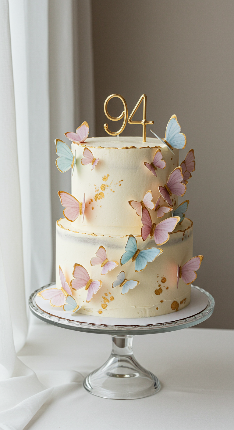 Zweistöckige weiße Torte mit zarten Pastell-Schmetterlingen und goldenen Akzenten.