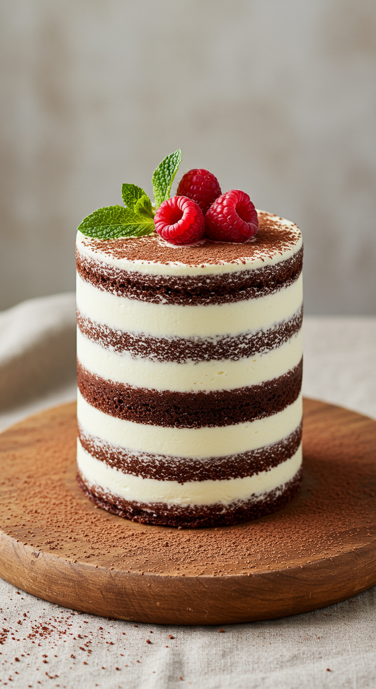 Hoher Naked Cake mit Schokoböden, weißer Creme, Himbeeren und Minze, bestäubt mit Kakao.