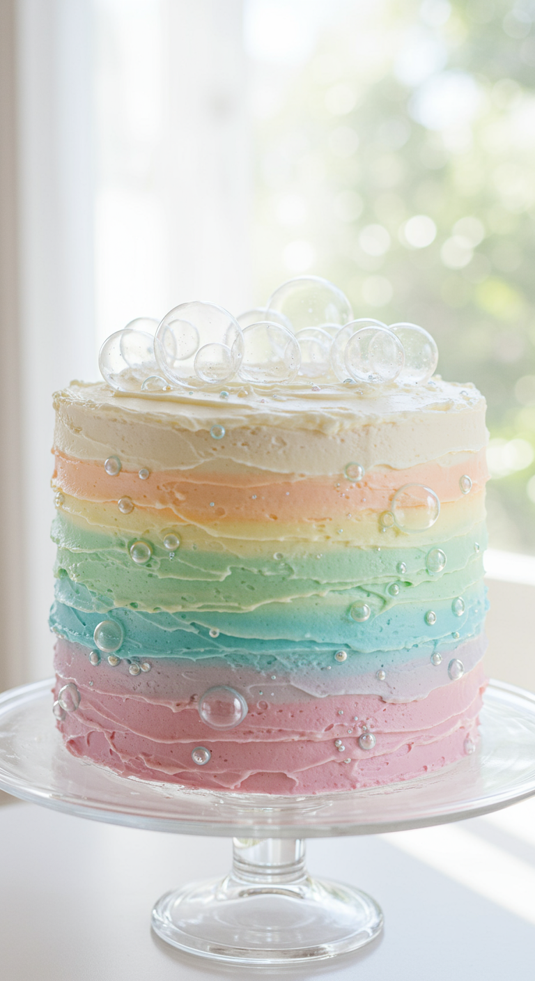 Pastell-Regenbogen-Torte mit transparenten Gelatine-Seifenblasen.
