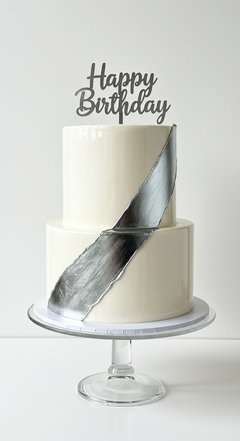 Zweistöckige weiße Hochglanz-Torte mit einem diagonalen, silbernen 'Riss'-Effekt.