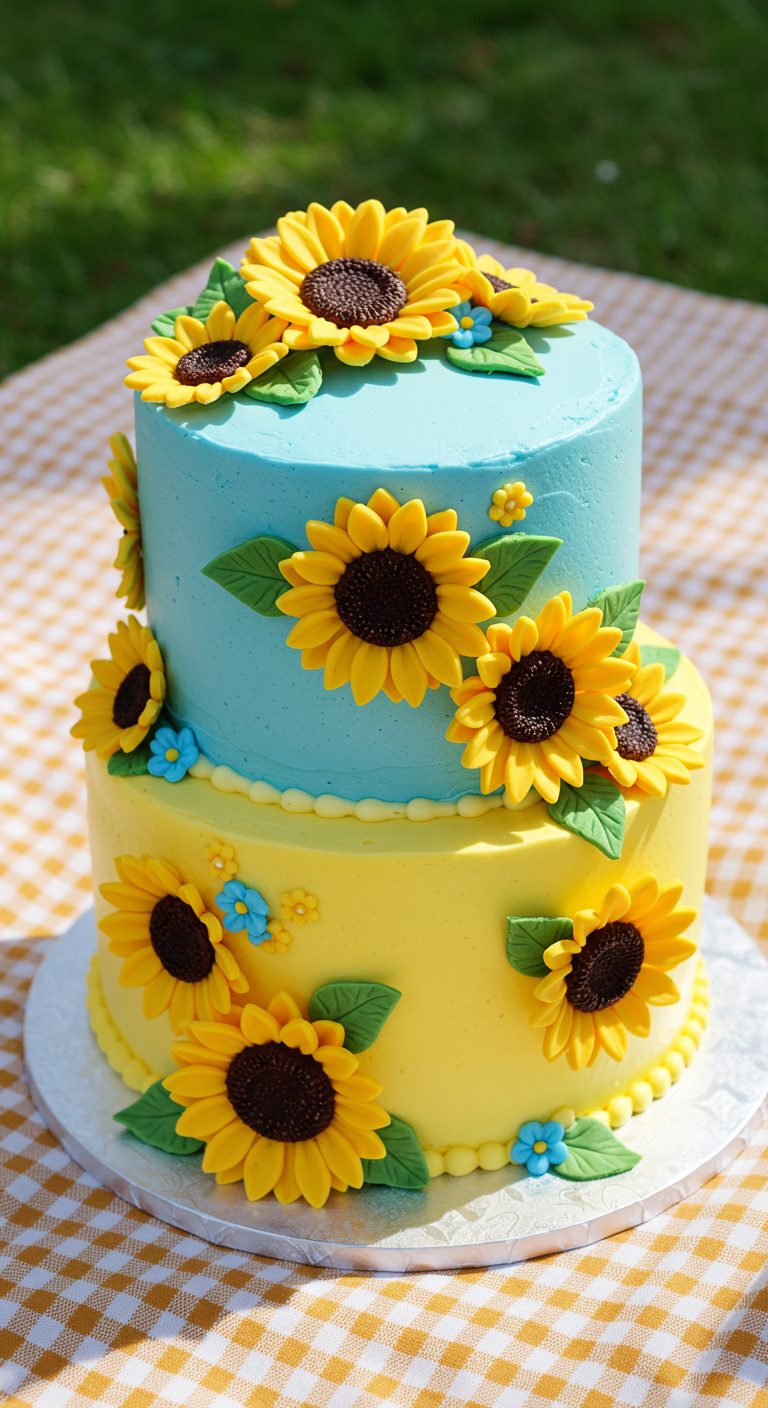 Zweistöckige Torte in Blau und Gelb, über und über mit Zucker-Sonnenblumen dekoriert.