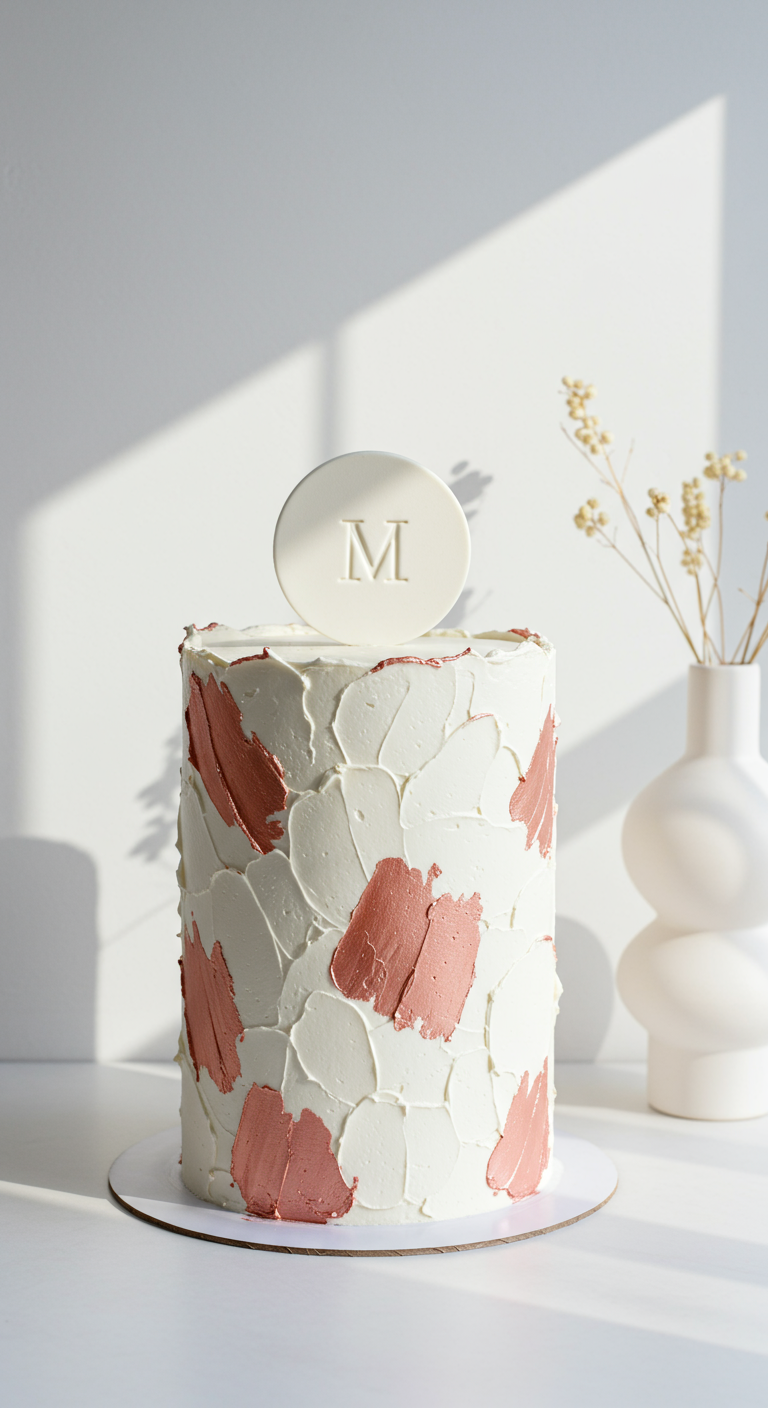 Weiße Torte mit gespachtelter Buttercreme-Textur, Roségold-Akzenten und Monogramm-Topper.