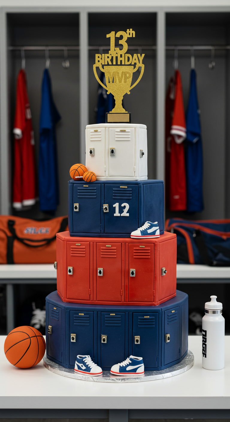 Mehrstöckige Torte in Form von Schulspinden mit Sport-Accessoires und MVP-Pokal-Topper.