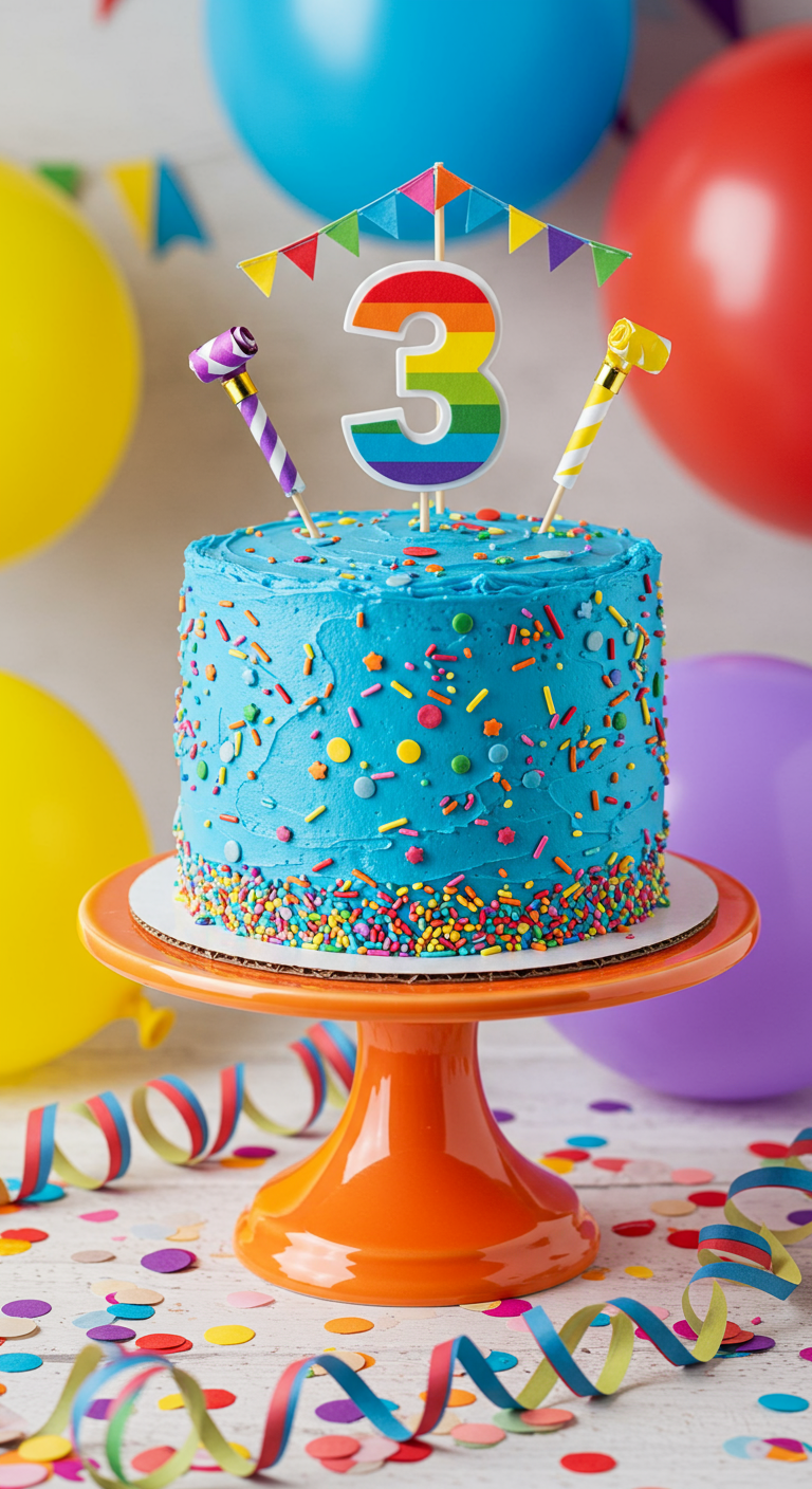 Blaue Torte überzogen mit bunten Streuseln, Regenbogen-3-Topper.