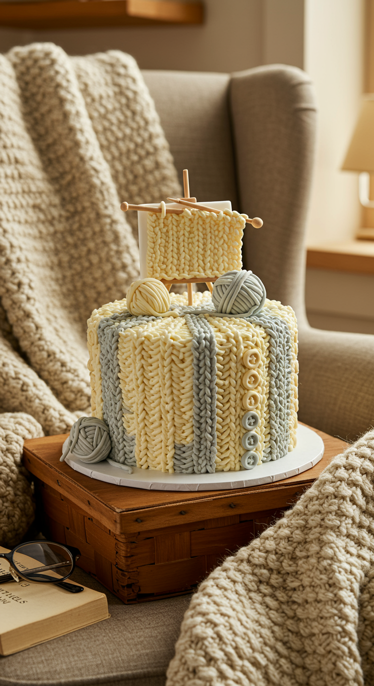 Torte dekoriert wie ein Strickstück mit Wollknäueln und Stricknadeln.