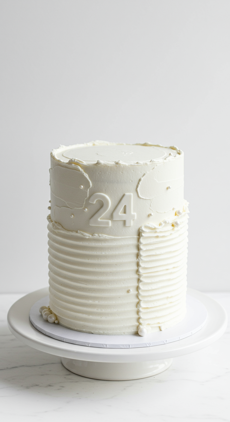 Weiße Torte mit unterschiedlichen Buttercreme-Texturen und weißer Zahl 24.