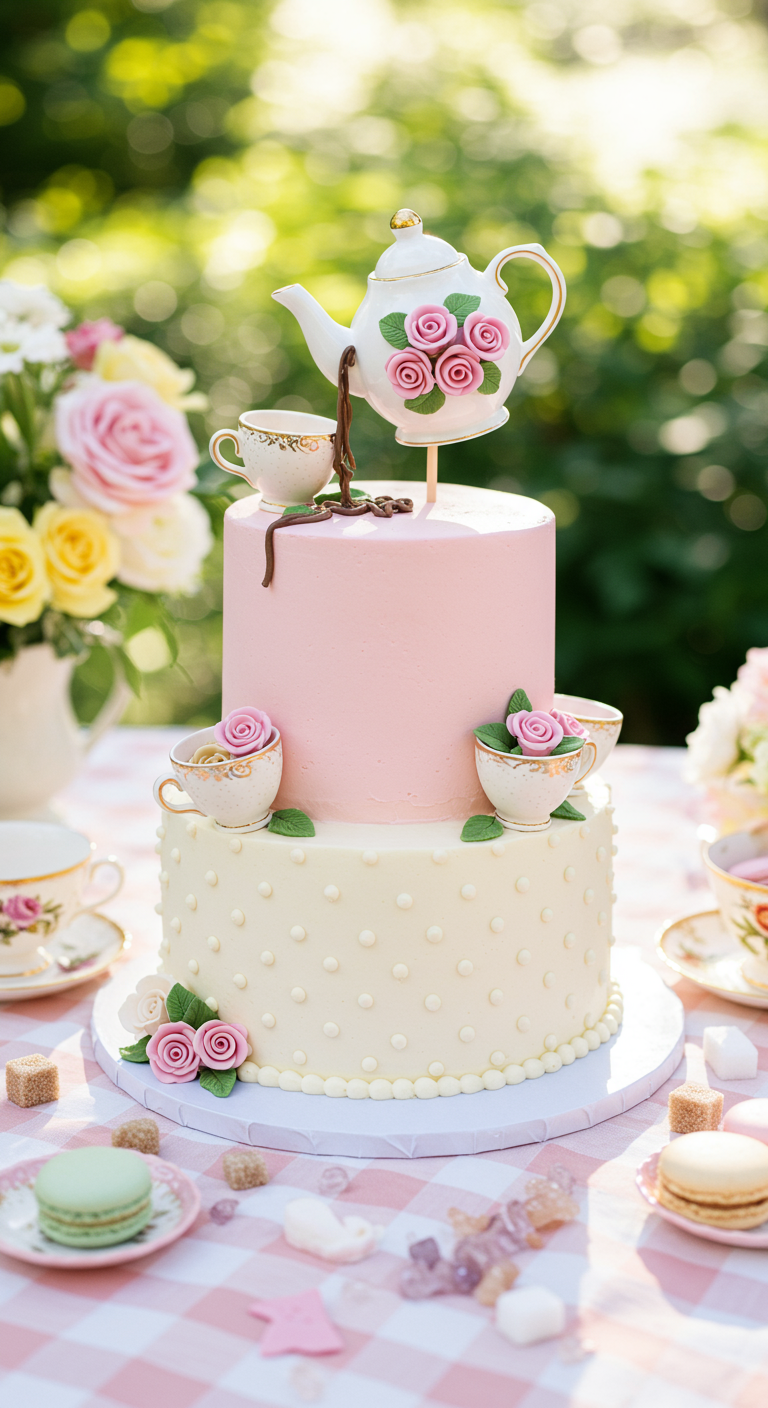 Zweistöckige Torte mit schwebender Teekanne, Schokolade und Teetassen mit Rosen.