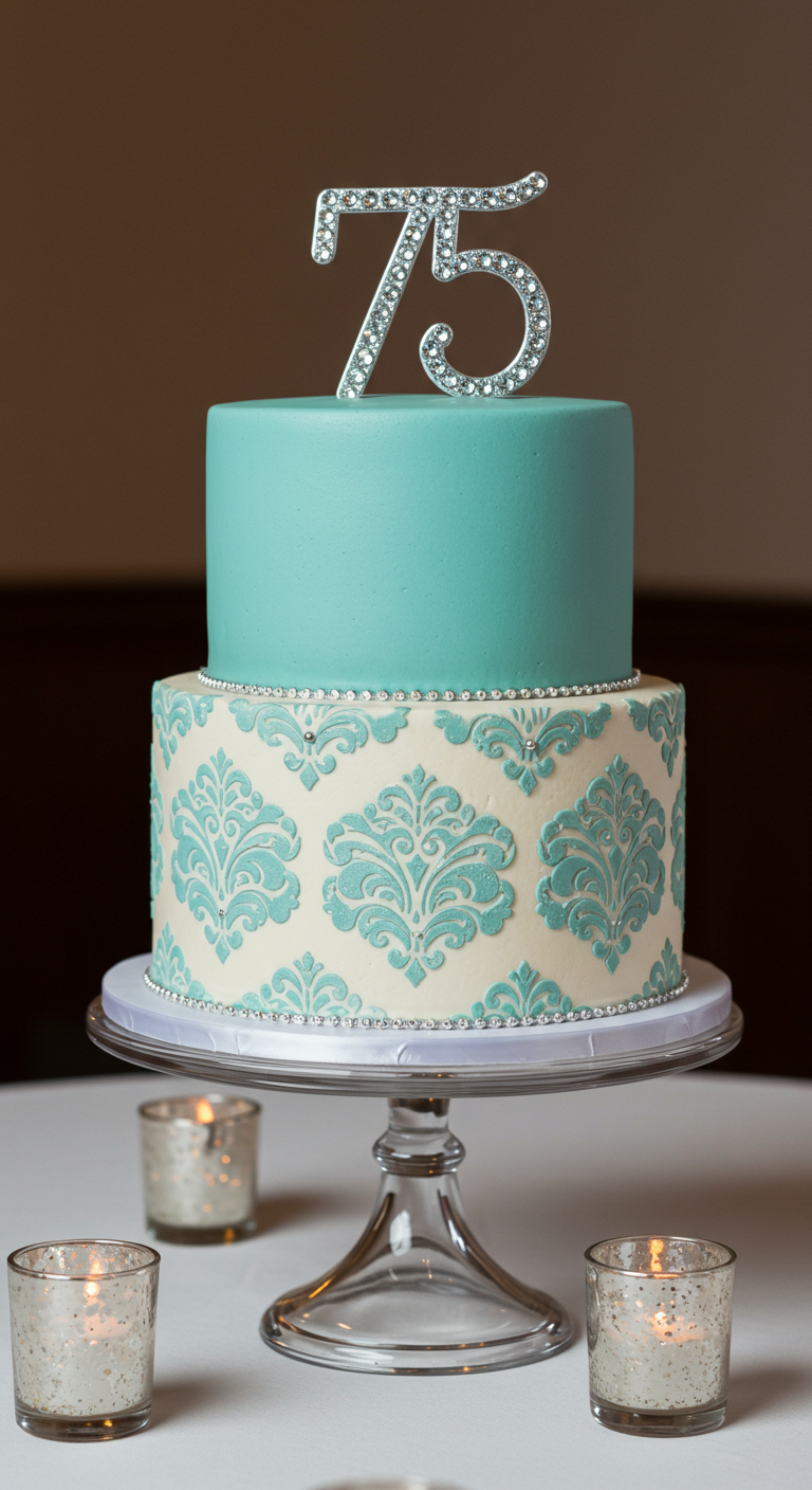 Zweistöckige Torte: obere Etage türkis, untere creme mit türkisfarbenem Damast-Muster, 75-Strass-Topper.