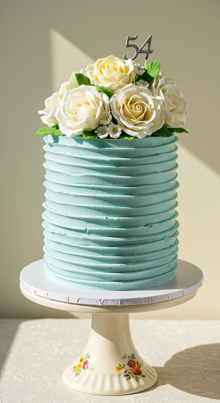 Hohe, türkisfarbene Torte mit horizontalen Rillen, gekrönt von einem Bouquet weißer Rosen und