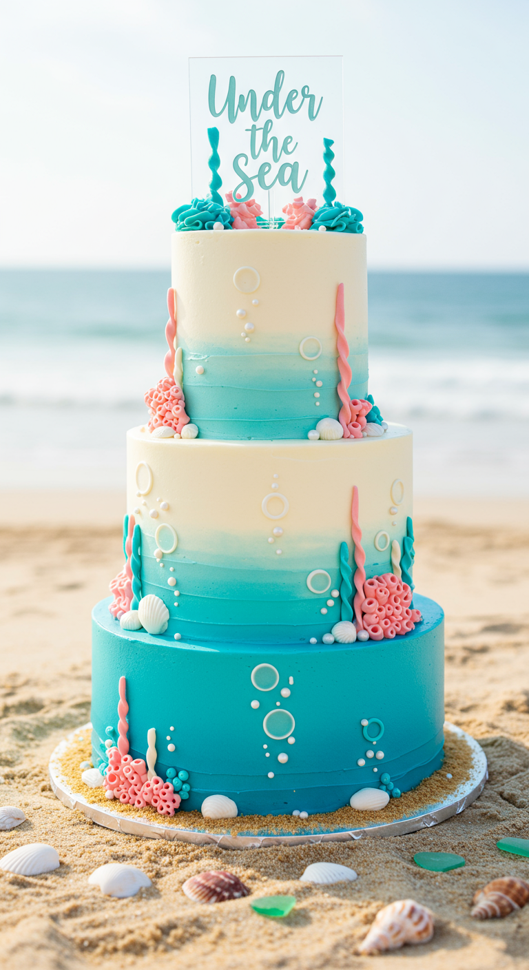 Dreistöckige Torte in Blau-Weiß-Ombré mit Korallen, Muscheln und 
