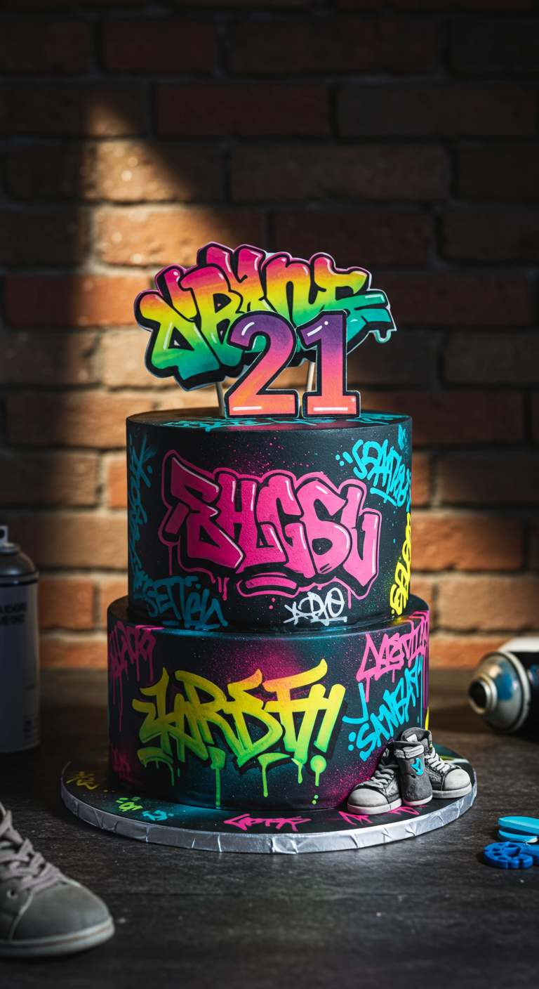 Zweistöckige Torte mit buntem Graffiti-Design auf schwarzem Grund.