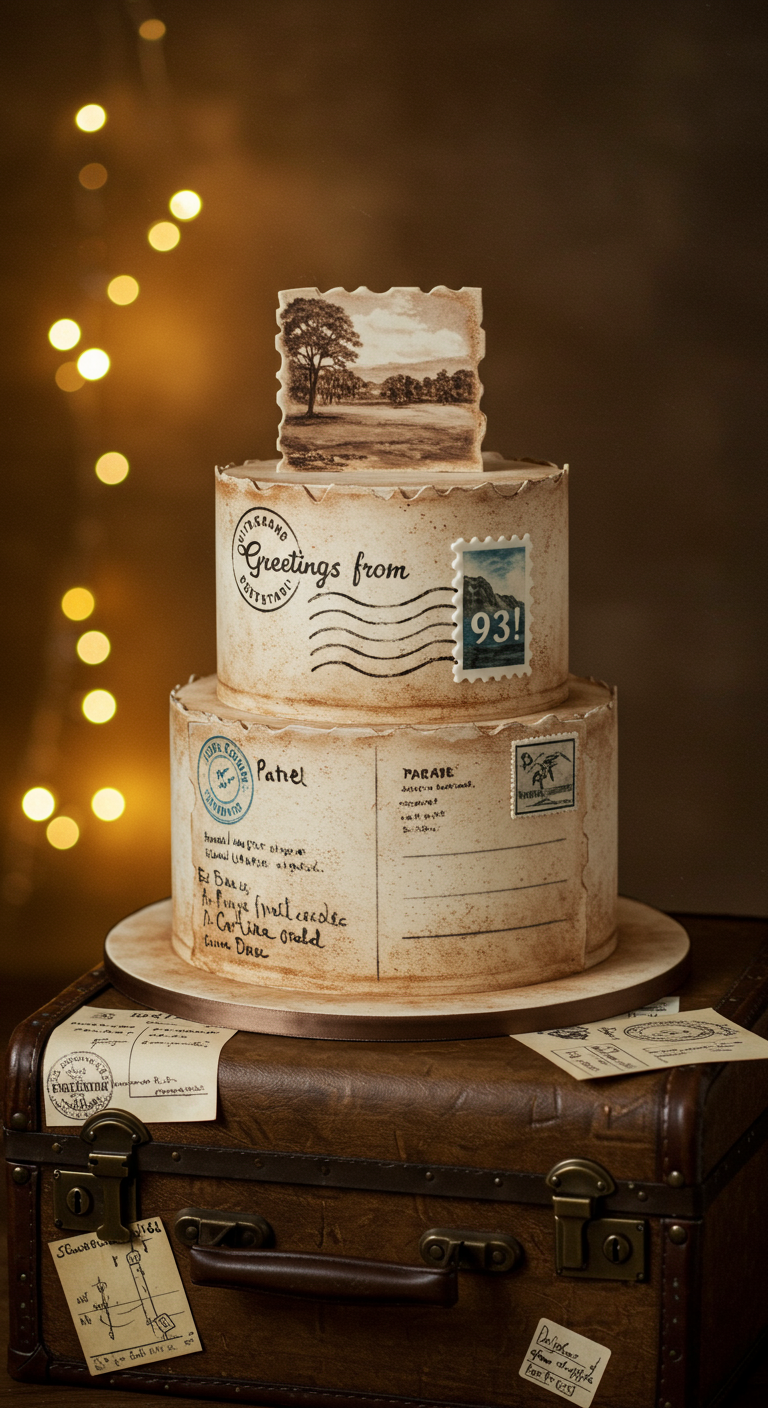 Zweistöckige Torte im Stil alter Postkarten, mit Briefmarken und Stempeln, auf einem Vintage-Koffer.