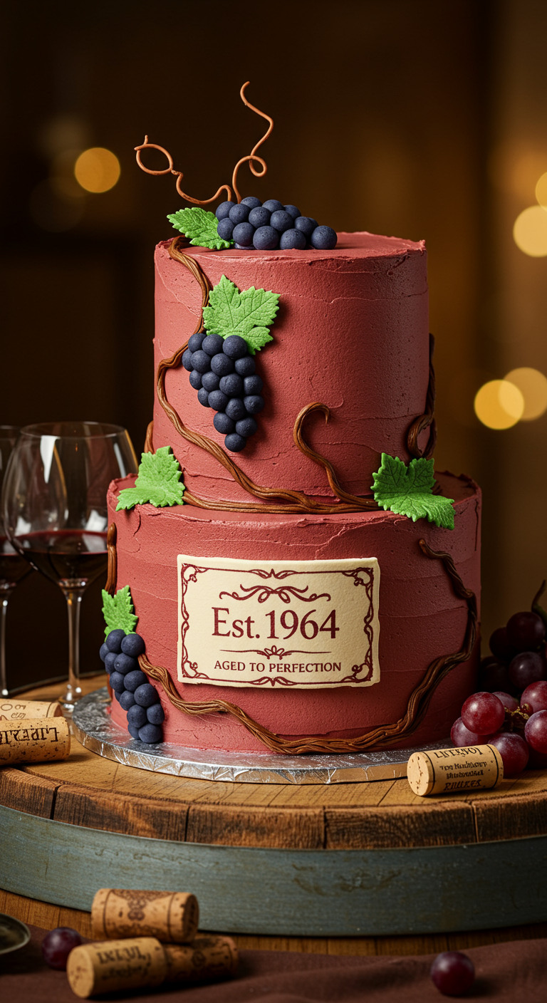 Rote zweistöckige Torte mit Weintrauben, Weinblättern und Etikett „Aged to Perfection“.