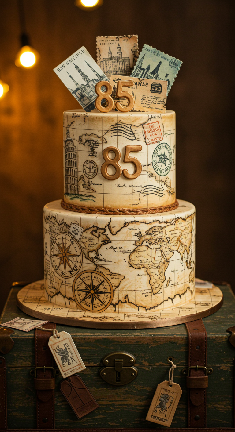 Zweistöckige Torte mit Vintage-Weltkarten-Design und Postkarten-Toppern.