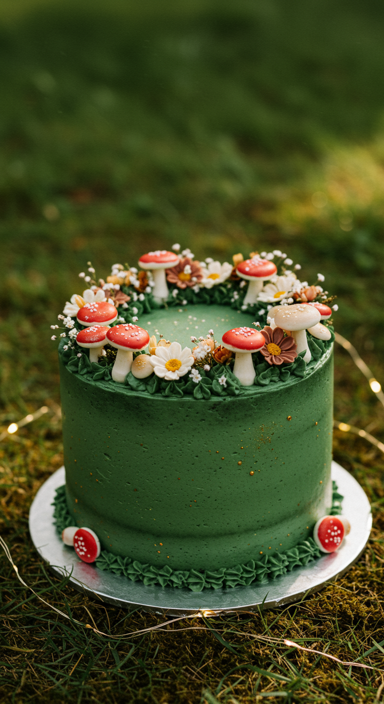 Dunkelgrüne Torte, dekoriert mit einem Kranz aus Fondant-Pilzen und -Blüten, auf Moos.