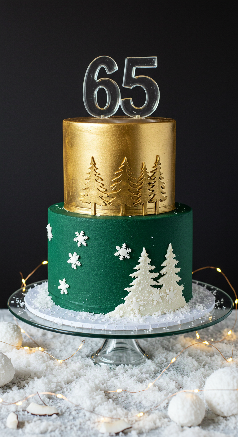 Zweistöckige Torte in Gold und Grün mit Winterwald-Motiven.