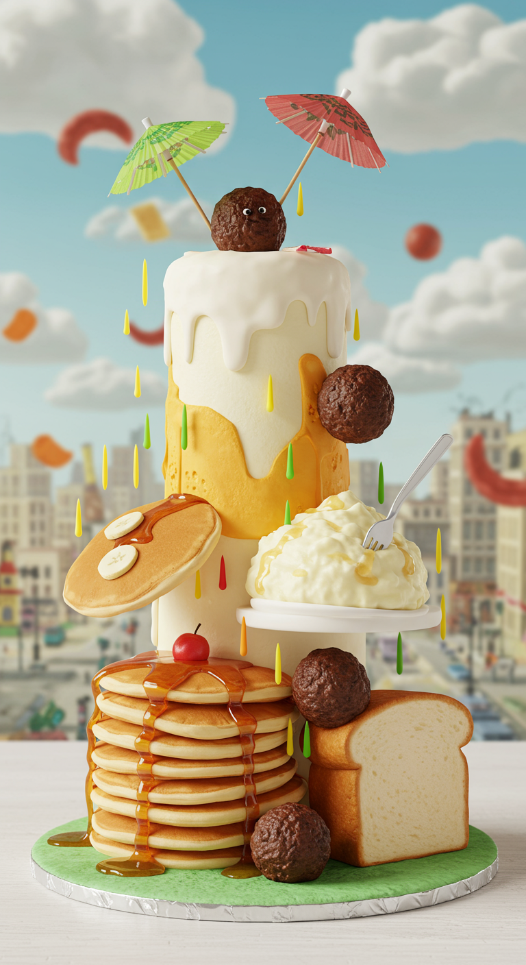 Kreative Torte mit herunterfallenden Lebensmitteln wie Fleischbällchen, Pfannkuchen und Eis.
