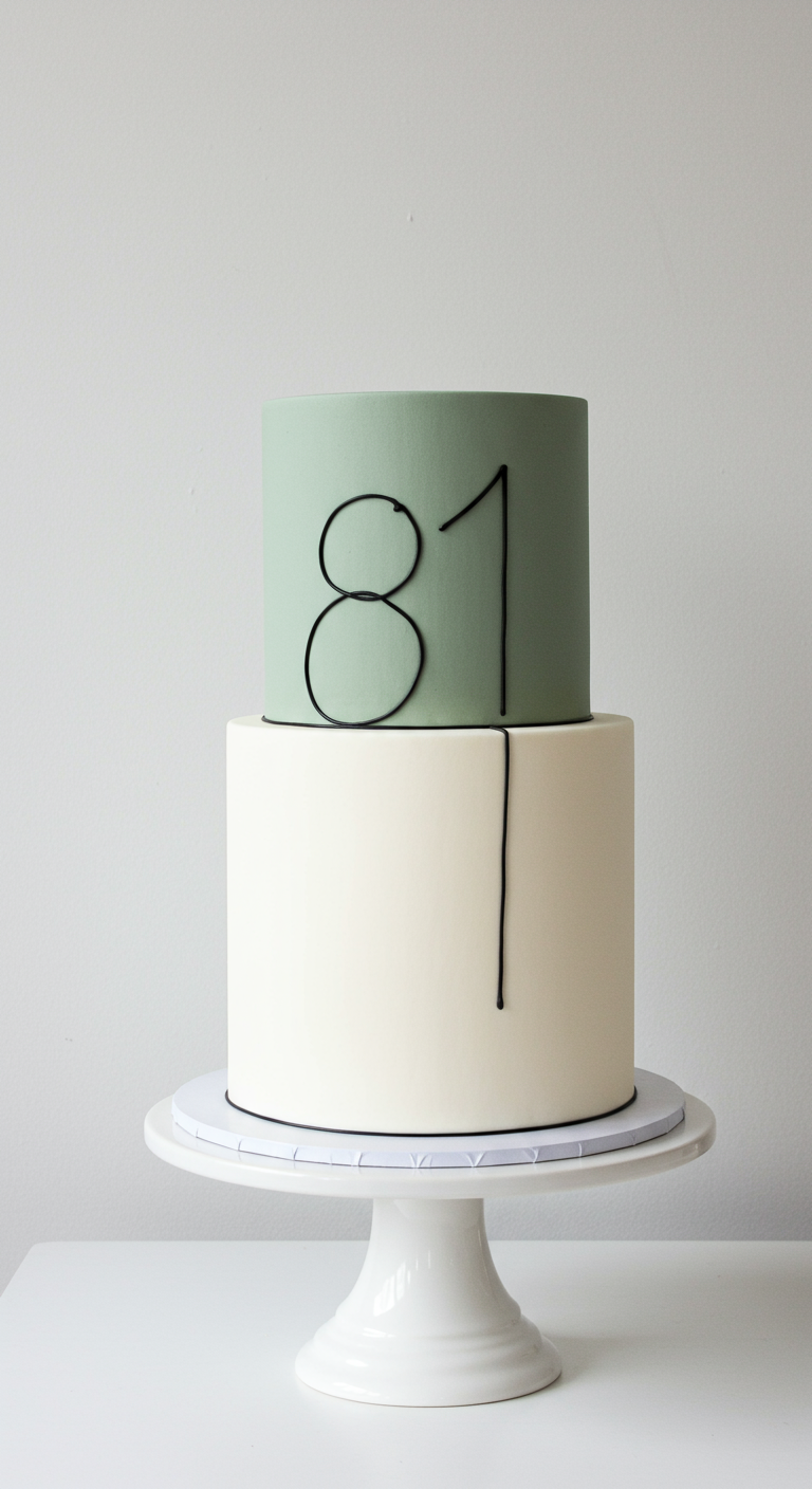 Zweistöckige Torte, unten weiß, oben salbeigrün, mit stilisierter Zahl 81.