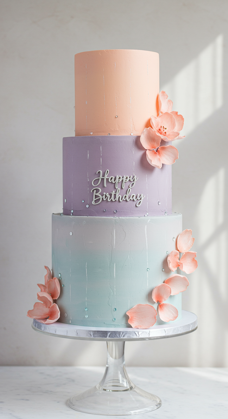 Dreistöckige Torte in Pastell-Farbverlauf mit Esspapier-Blüten.