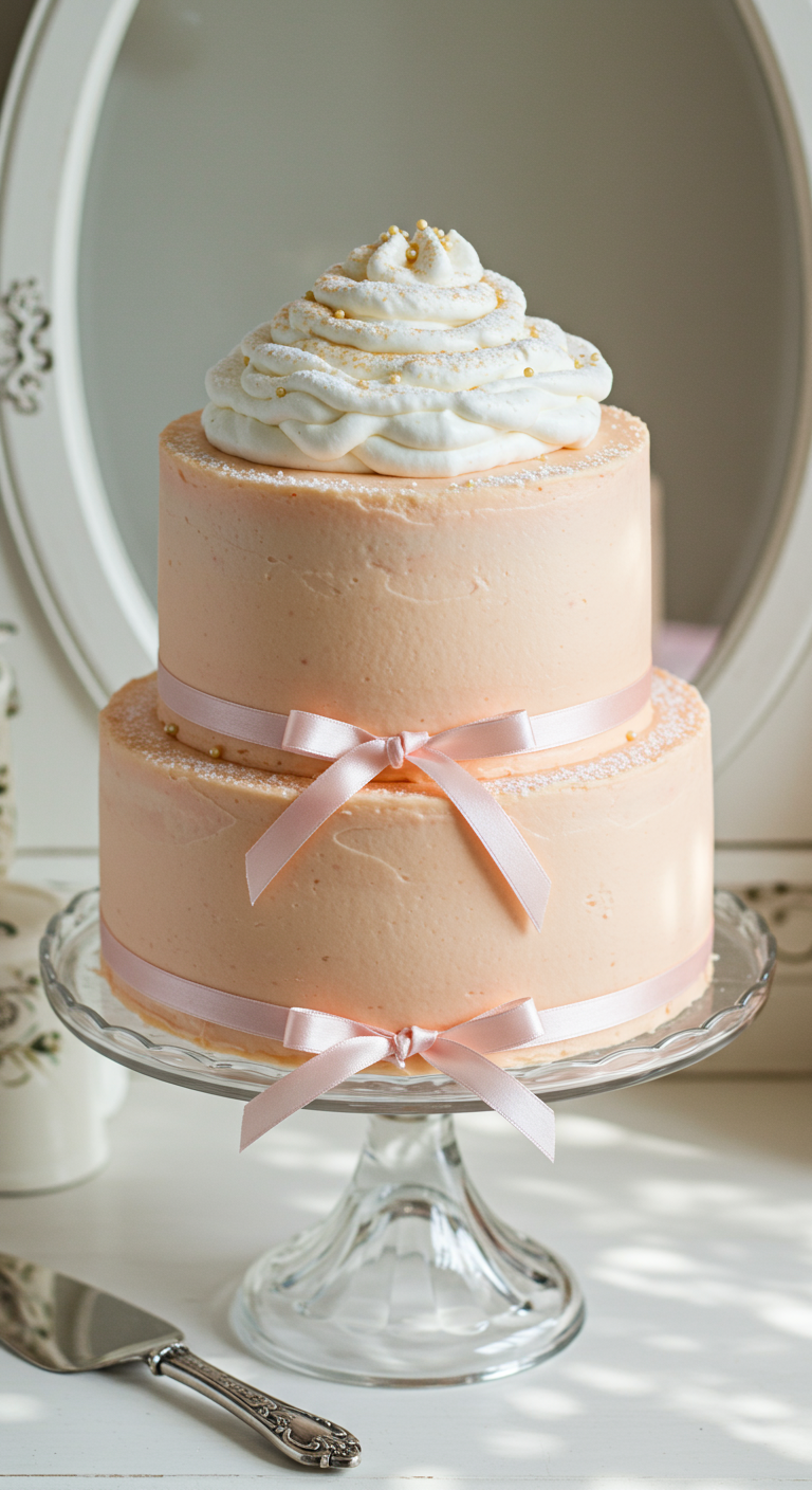 Zweistöckige pfirsichfarbene Torte mit rosa Satinbändern und Sahnetopping.