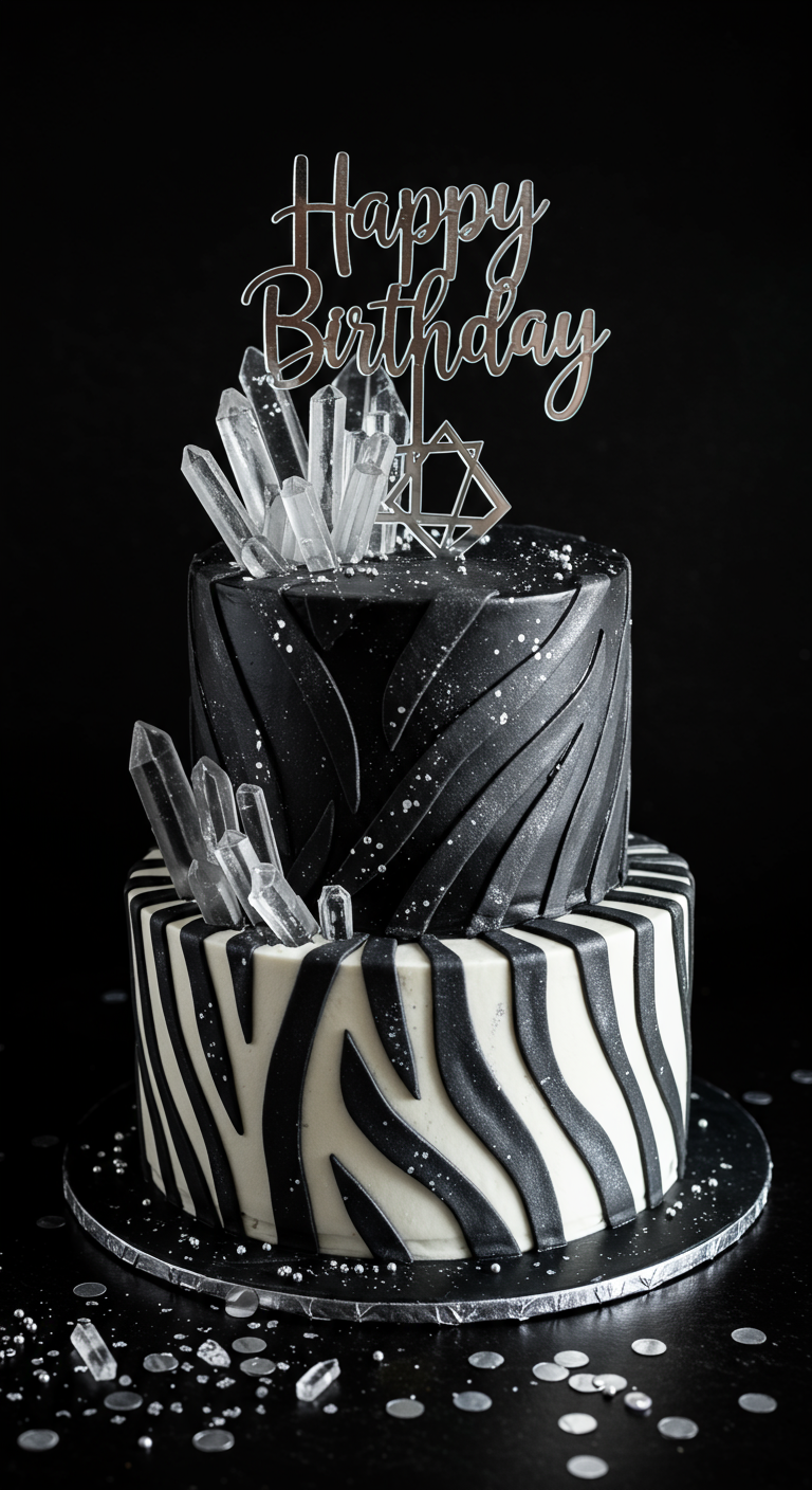 Zweistöckige Torte mit Zebraprint und großen, klaren Kristall-Dekorationen.