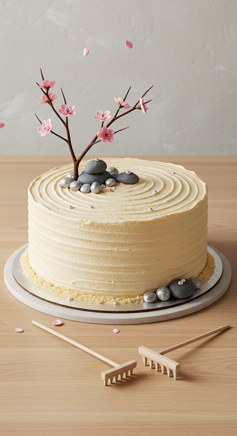 Cremefarbene Torte mit geharkter Buttercreme, Zuckersteinen und Kirschblütenzweig im Zen-Garten-Stil.
