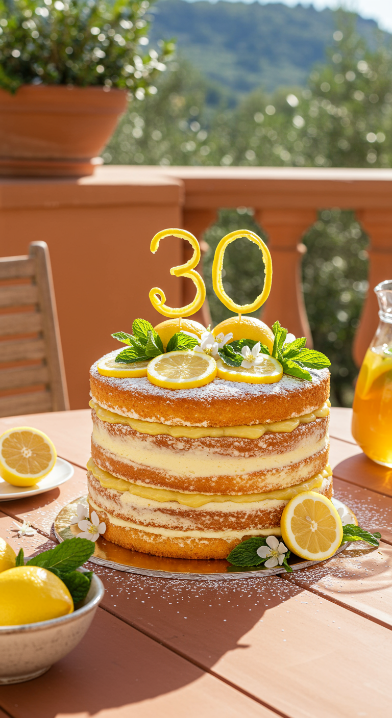Naked Cake mit Zitronencreme, Zitronenscheiben, Minze und 30-Topper.